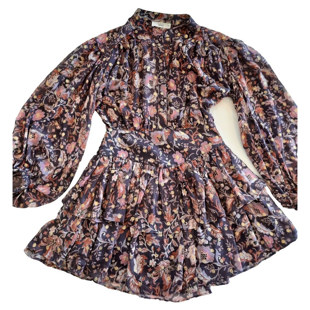 Anthropologie Floral Short Dress Long Puff Sleeve Tiered Small